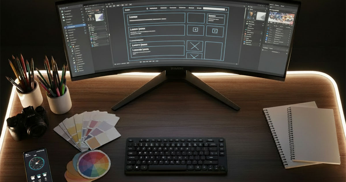 postazione di lavoro di un designer durante un processo creativo